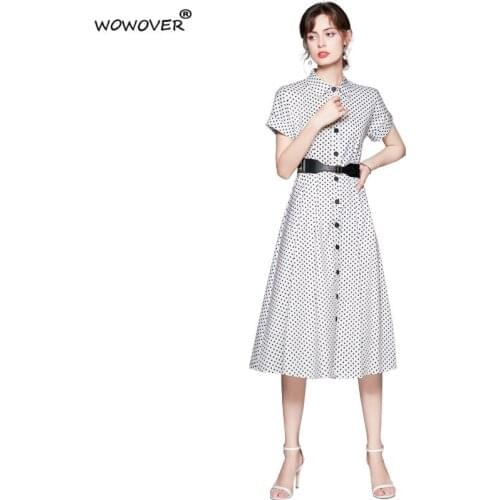 Womens Summer Runway Fashion Short Sleeve Dot Print Midi Belt Shirt Dresses Casual Aline Robe Femme Vintage Holiday Vestidos