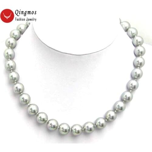 Qingmos Gray Sea Shell Pearl Necklace for Women with 16mm High Luster Round Black Sea Shell Pearl 17" Chokers Jewelry 5103
