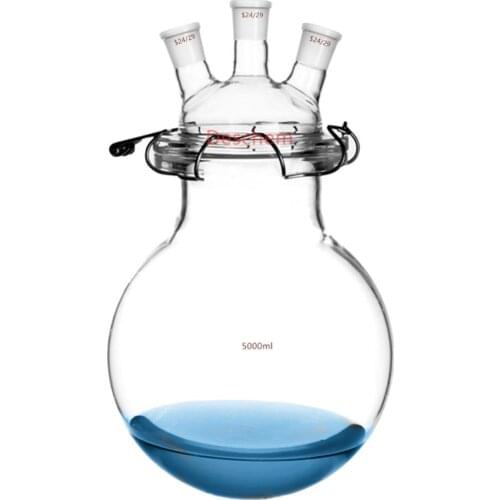 5000ml,Glass Reaction Flask,5L,24/29,Three Necks,Round Bottom Reactor,W/Glass Lid & Steel Clip