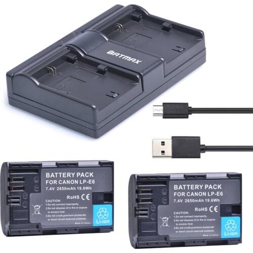 2Pcs 2650mAh LP-E6 LP-E6N Battery AKKU + USB Dual Charger for Canon EOS 5D 5D2 5DS R Mark II 2 III 6D 60D 60Da 7D 7D2 70D 80D