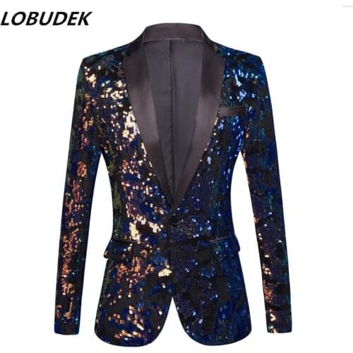 Stage Male Singer Glitter Sequins Blazers Shawl Lapel Designs One Button Slim Suit Jacket DJ Club Wedding Master Host Party Wear