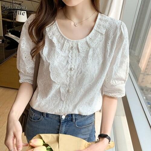 2021 Summer Womens Blouse Korean Fashion Vintage Lace Shirt Solid Short Sleeve Fashion Ruffled Top and Blouse Camisa 14193