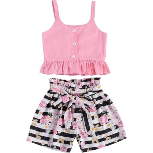 Baby Toddler Girl Casual 2 Pcs Outfits Sets, Sleeveless Ruffle Button Tank Top + Stripe Floral Printed Short Pant 6M-4Y Summer