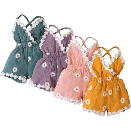 FOCUSNORM 1-5Y Summer Toddler Baby Girls Jumpsuits Sunflowers Printed Sleeveless Lace V Neck Backless Jumpsuits 4 Colors