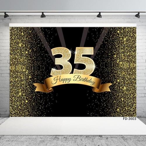 Happy Birthday 35 Photography Backdrop Glitter Light Golden Ribbon Custom Background for Portrait Party Photoshoot Fond Photo