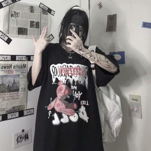 Woman tshirts goth Pop black Bear print y2k Harajuku tops print Diablo Loose Short Sleeve kawaii t shirt anime graphic top