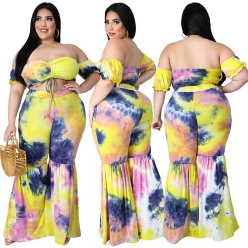 Tie-dye Printing Women Plus Size XL-5XL Two Piece Sets Sexy Slash Neck Lace-up Crop Tops High Waist Flared Pants Summer Outfits