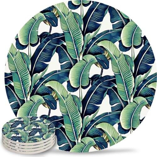 Banana leaves Ceramic Coasters Waterproof Tea Cup Mat Christmas Home Decor Coffee Table Decor Coasters for Glasses