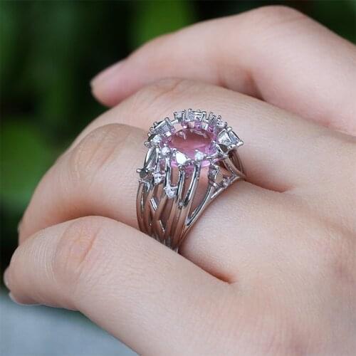 Fashion Female Creative Exaggerated Dendritic Inlaid Pink Colors Crystal Rings For Women Bride Wedding Engagement Jewelry Gifts