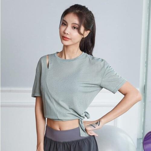 New Open Shoulder Sports Gym Yoga Shirts Women Summer Workout Running T-shirt Short Sleeve Loose Fitness Training Sportswear Top