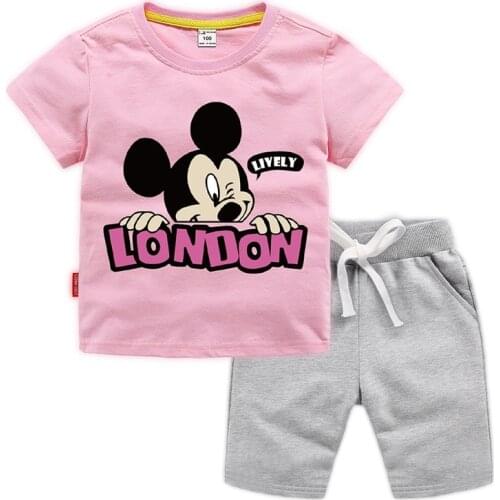 Jargazol Girls Clothes Cartoon Mickey Printed Summer Short Sleeve Shirt&pants Toddler Boy Clothign Set Kids Children Outfits