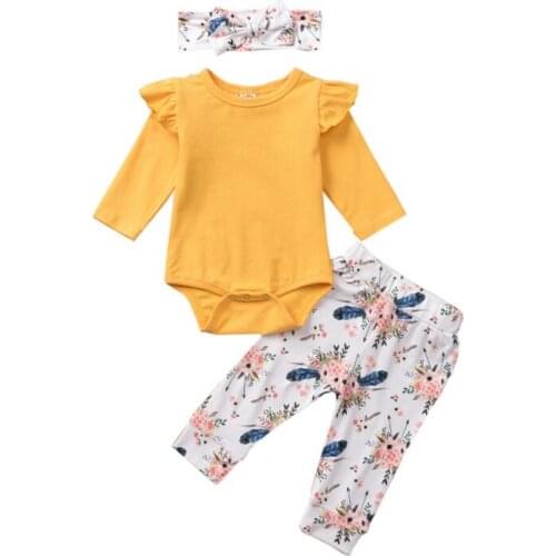 3pcs Infant Baby Girl Autumn Clothes Adorable Long Flare Sleeve Solid Print Romper Tops Floral Trousers Headband Outfits