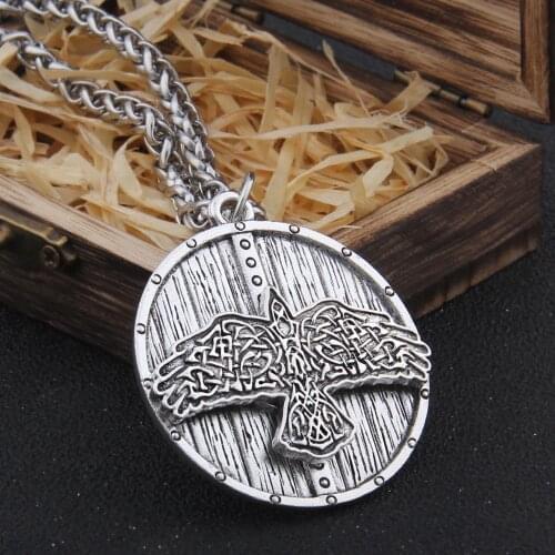 Iron Color Viking Celtic Eagle and Shield Necklace with Stainless Steel Chain As Men Gift and wooden box
