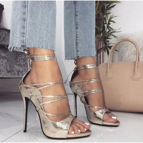 Sexy PU Women Sandals Thin High Heels 11 CM Gladiator Snakeskin Design Gold Bandage Cross Tied Fashion Summer Party Femme Shoes