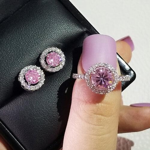 925 Sterling Silver cushion cut zircon Jewelry set Engagement ring stud earring for women gift J416-pink