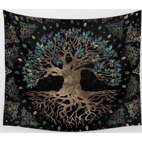 Tree of Life Yggdrasil Golden and Marble Ornament Tapestry Wall Hanging Beach Throw Rug Blanket Camping Tent Travel Pad Tapestry