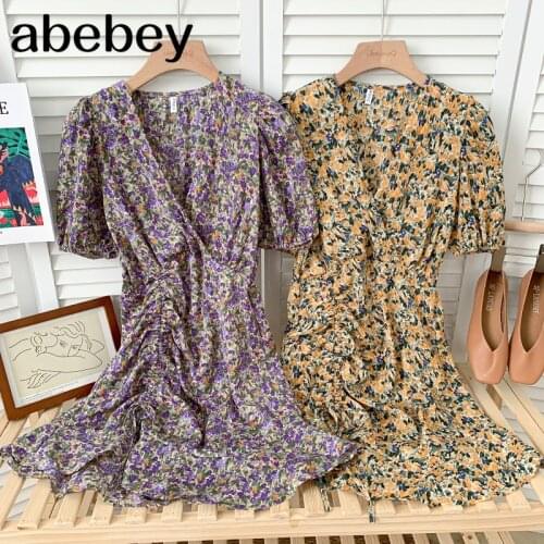 Vintage V-neck puff sleeve Dress drawstring lace up high waist pleated Ruffles print A-line Dress 2021 New Summer