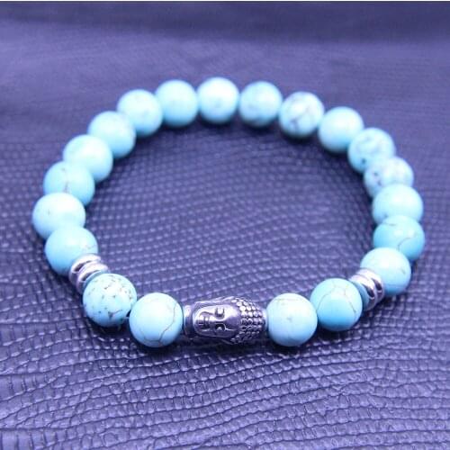 Wonlee Winle 8mm Turquoises Stone Beaded Stretch Bracelets for Men&Women Stainless Steel Buddha Head Charms Strand Bracelet