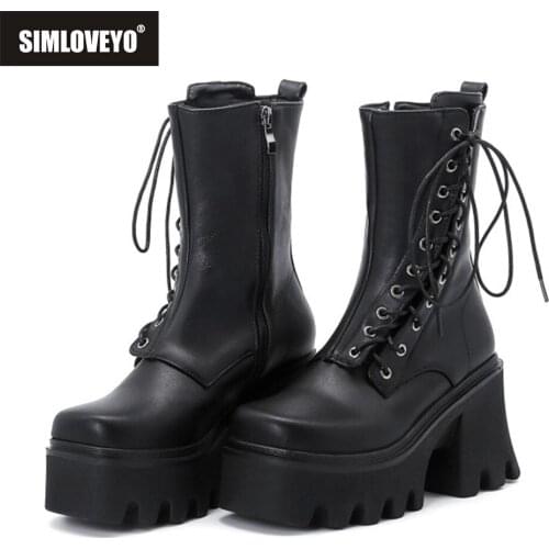 2021 Gothic Women Ankle Boots High Platform Motorcycle Zipper Top Quality Autumn Winter Warm Chunky High Heels Big Size 43 S2367