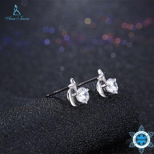 Ann&Snow Popular 100% 925 Sterling Silver Moon And Star Shape Crystals Stud Earrings Women Fashion Element Jewelry