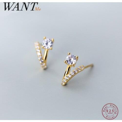 WANTME 925 Sterling Silver High Quality Zircon Unique V Stud Earrings for Women Glamorous Party Piercing Jewelry Accessories