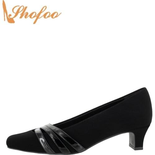 Black Pumps Med Block Heels Women Square Toe Flock Slip On Large Size 12 16 Lady Fashion Three Strap Office Mature Shoes Shofoo
