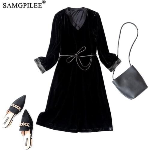 Women Autumn Sundress 2021 Casual Dress A-line Full Sleeve Elegant Dress Sashes Knee-length Empire V-neck Dresses For Womens 3XL