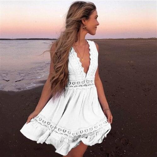 2021 Summer Bohemian White Dress Women Sleeveelss Deep V Neck Lace Ruffle A-line Dress Casual Beach Dresses Female