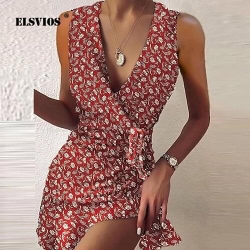 Women Summer Floral Print Dress Sexy V Neck Sleeveless Lace irregular Mini Dress 2021 New Fashion Lady Party Spring Dresses 3XL