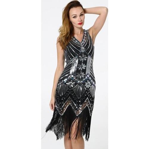 Womens Flapper Dress 1920s V Neck Beaded Fringed Art Deco Gatsby Theme Roaring 20s Dress for Prom Party Plus Size Gold