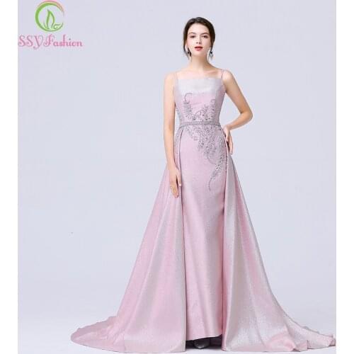 SSYFashion New High-end Luxury Pink Evening Dress Sexy Silm Sparkling Mermaid Sequins Beading Long Formal Gown Vestido De Noche
