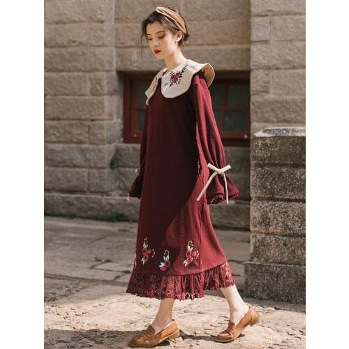 Japanese Mori Girl Vintage Ethnic Hippie Boho Retro Knit Lace Embroidery Peter Pan Collar Flare Sleeve Loose Women Spring Dress
