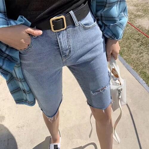 2021 Skinny Lady Knee Length Pants Spodenki Elastic Jeans Women Ripped Jeans for Women Summer Blue Denim Shorts Streetwear 10420