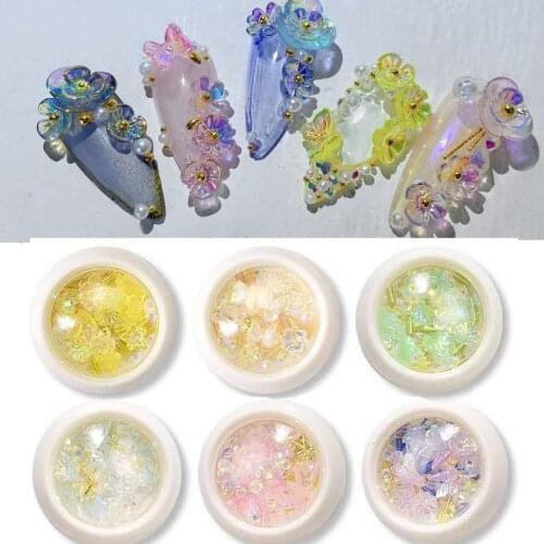 6Boxes,3D Nail Jewelry,Colored Mixed Small Flowers,Decorations in Crystal Rhinestones,Mixed Perfect Size Charms for Nail Deco