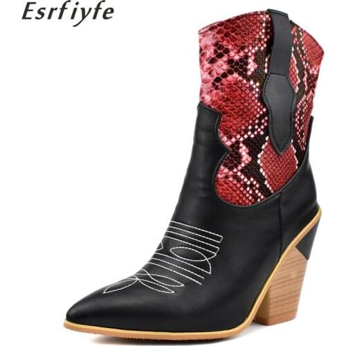 ESRFIYFE Large Size 34-48 Autumn PU Leather Ankle Boots Woman Pointed Toe Mixed Color High Heels Boots Women Cowboy Boots Femme