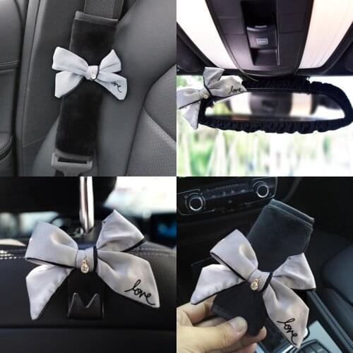 Hot sale Bowknot Universal Car Accessories Gear Shifter Cover Handbrake Mirror Case Plush Auto Seat Belt Interior Decoration