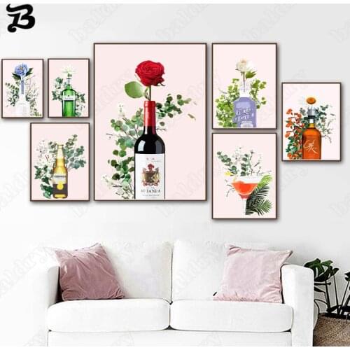 Canvas Painting Wall Art Wine Cocktail Champagne Juice Rose Begonia Posters and Print Kitchen Room Decor Nordic Style Decoration