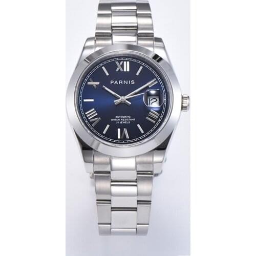 New Arrival Parnis Blue Dial Mens Watches Calendar Miyota 8215 Movement 21 Jewels Automatic Mechanical Men Wristwatch 2020 gift