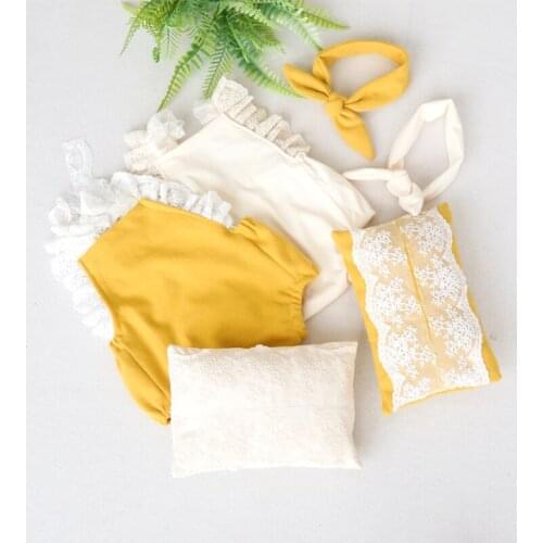 Newborn Photography Props Baby Girl Lace Romper Set Handmade Headband Pillow and dress Outfit