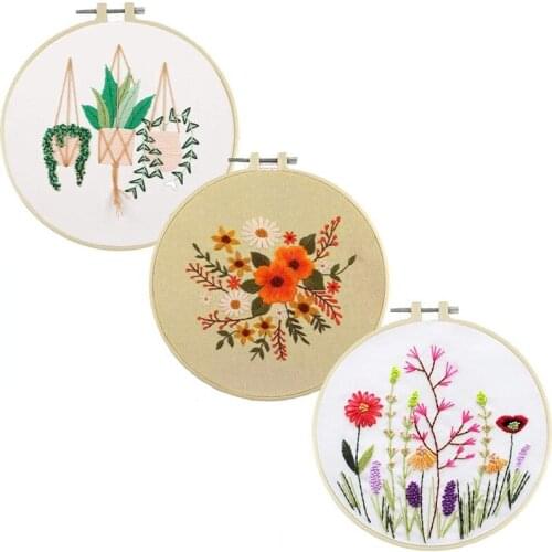 BMBY-3 Pack Embroidery Kit for Beginners Plants Flowers Embroidery Starter Kit Including Embroidery Hoops Color Threads