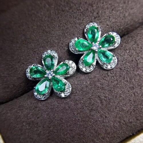 Flower Earring Natural emerald earring Free shipping Real original emerald 925 sterling silver 3*5mm 10pcs