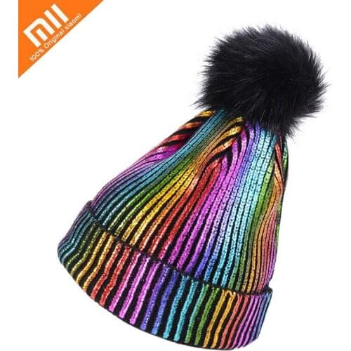 Xiaomi European American Shiny Fur Ball Cap Poms Autumn Winter Hats for Women Girls Hat Knitted Beanies Cap Shiny Female Gorras