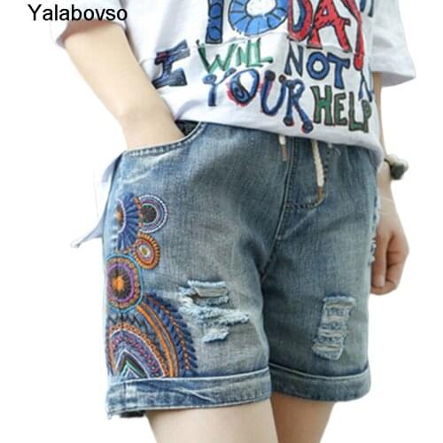 Elastic High Waist Embroidered Shorts Short Mujer Feminino 2021 Summer New Denim Shorts Womens Summer Loose Retro Vintage Hole