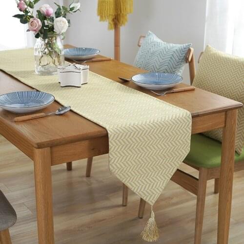DUNXDECO Table Runner Dinner Party Tablecloth Modern Nordic Simple Geometric Herringbone Yellow Jacquard Long Desk Fabric