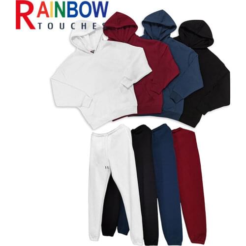 Rainbowtouches Quality Pure Cotton 2-Piece Couple Hoodie Solid Color Fitness Casual Sportswear Pullover Mens Sets Womens Sets