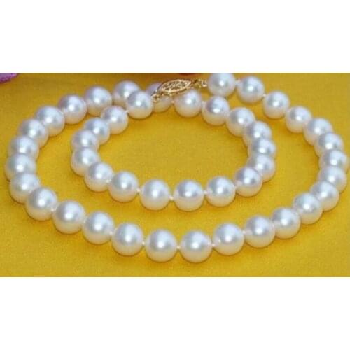 NATURAL AAA 9-10MM WHITE SOUTH SEA ROUND SHELL PEARL NECKLACE 18 " bracelet 8" yellow Clasp