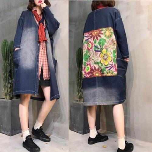 New V-neck Solid Color Back Printing Loose Casual Retro Washed Large Size Denim Jacket Female Cowboy Long Windbreaker Coat r503