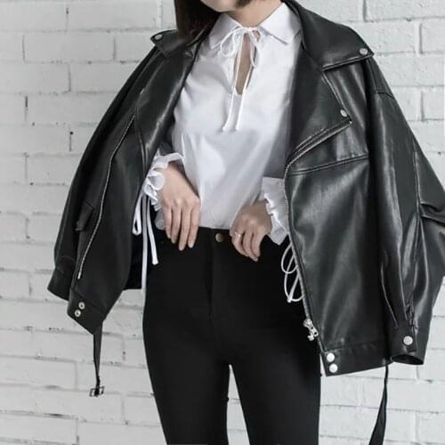 High Quality 2021 Spring Autumn Black Faux PU Leather Coat Loose Turn-down Collar Zipper Women Motorcycle Jacket With Belt Z045