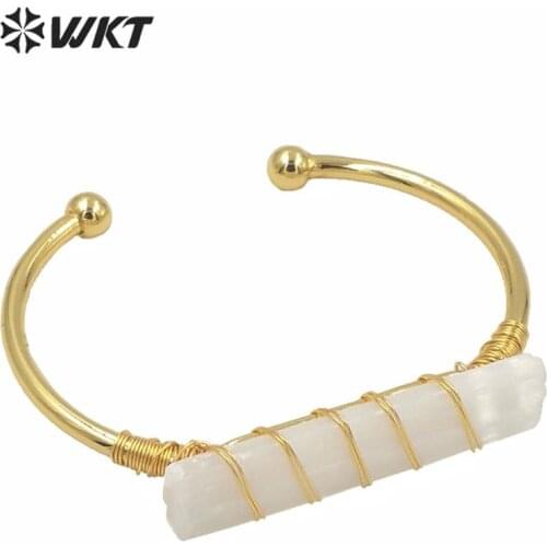 WT-B567 Special popular women bangle long charm selenite bangle in gold plated high quality handmaded wire wrapped cuff bangle
