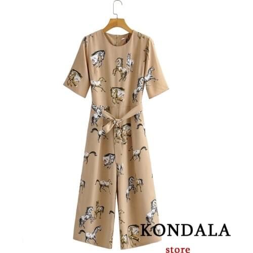 KONDALA Womens Jumpsuit Za Fashion 2021 Chic O-Neck Horse Printed Lace Elegant Rompers Female Jumpsuit Sashes Bodysuit